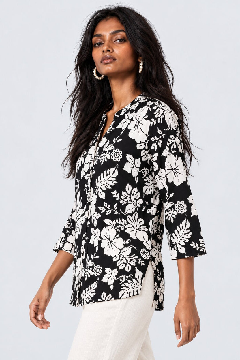 Womens Black Floral Print Mandarin Collar Tunic - Image 2