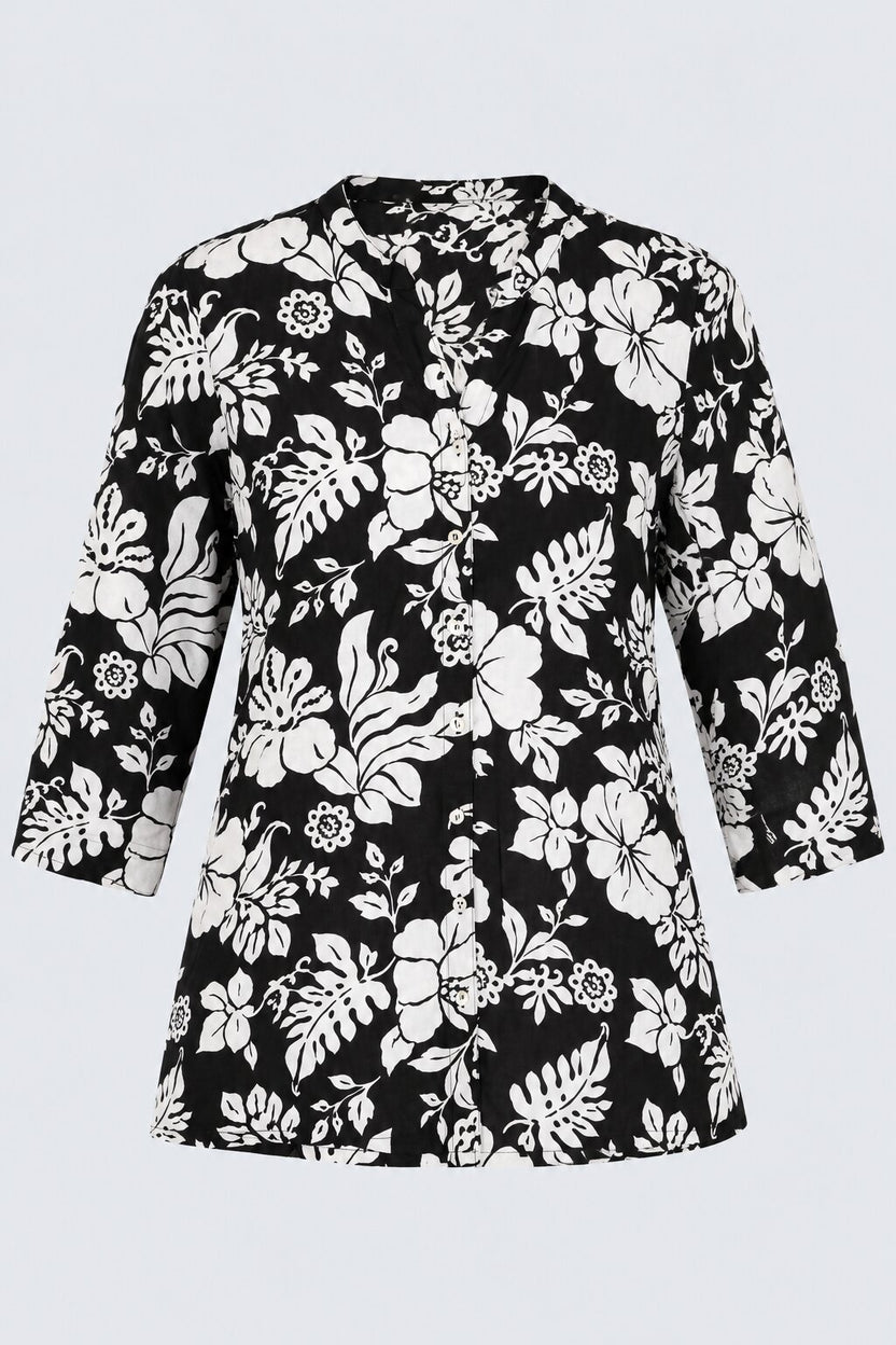 Womens Black Floral Print Mandarin Collar Tunic - Image 5