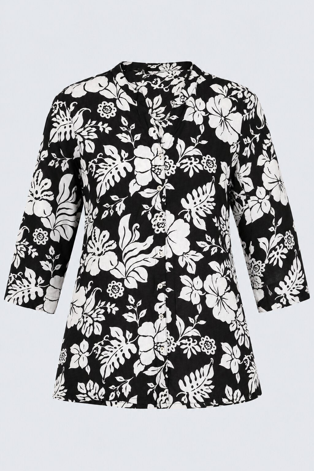 Womens Black Floral Print Mandarin Collar Tunic - Image 5