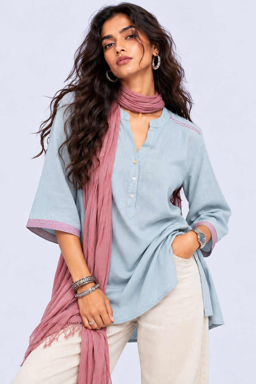 Womens Solid Light Blue Contrast Trim Tunic - Image 1
