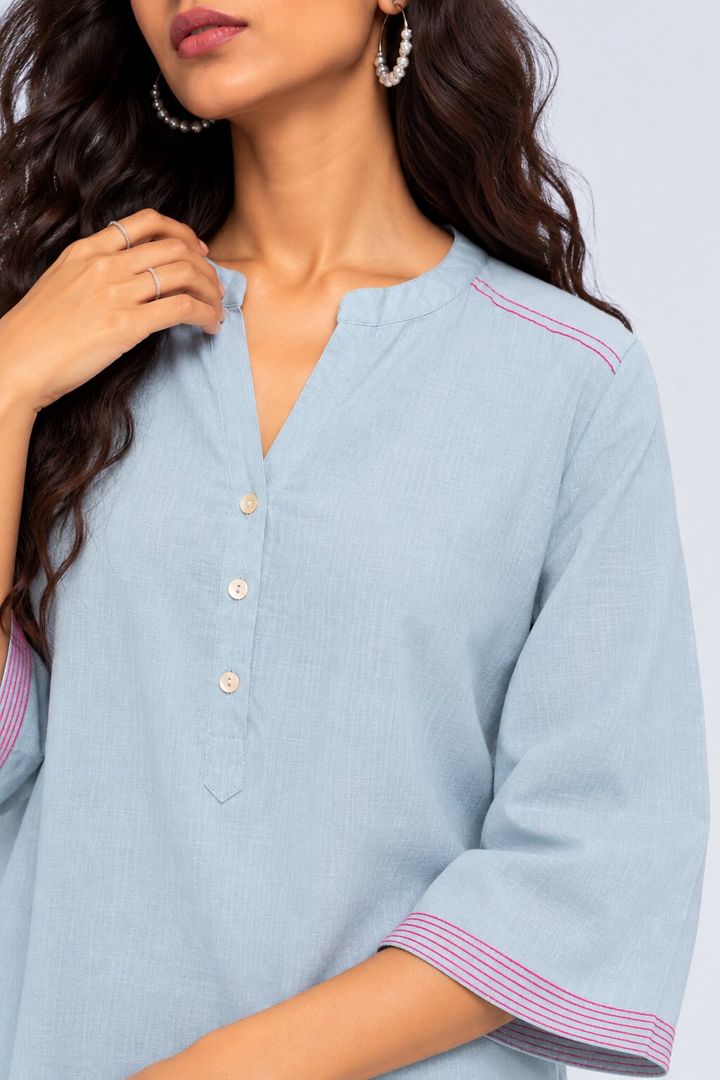 Womens Solid Light Blue Contrast Trim Tunic - Image 3