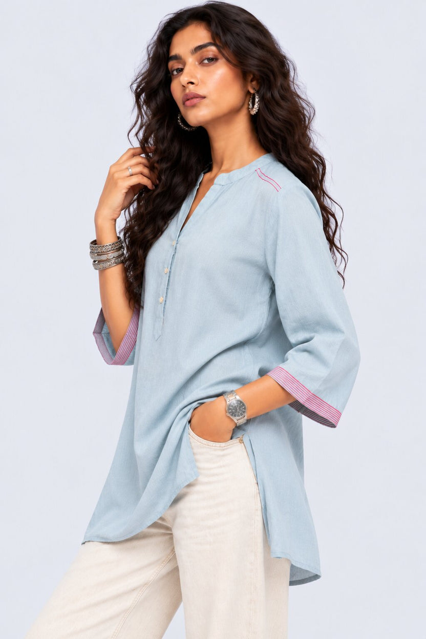 Womens Solid Light Blue Contrast Trim Tunic - Image 4