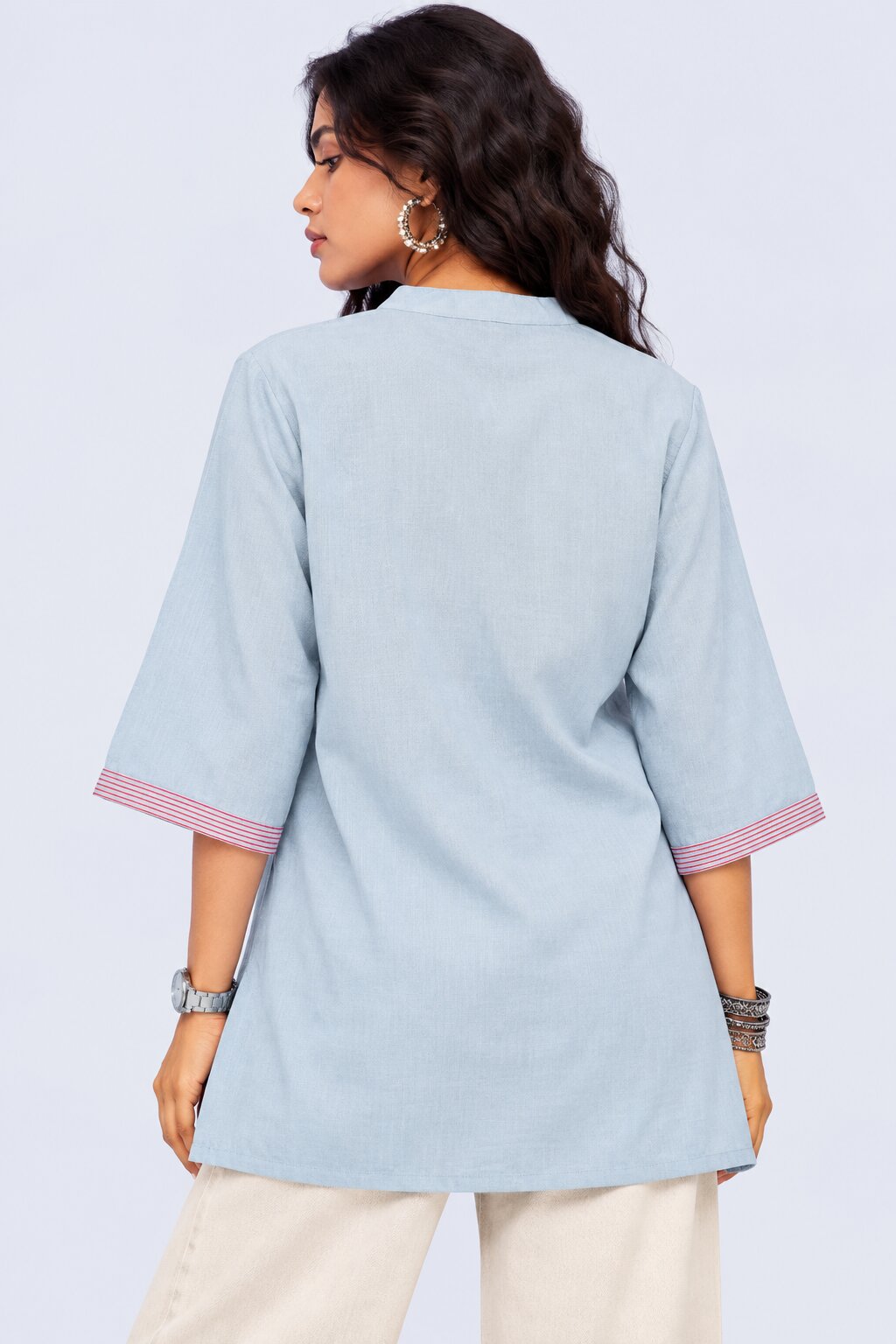 Womens Solid Light Blue Contrast Trim Tunic - Image 5