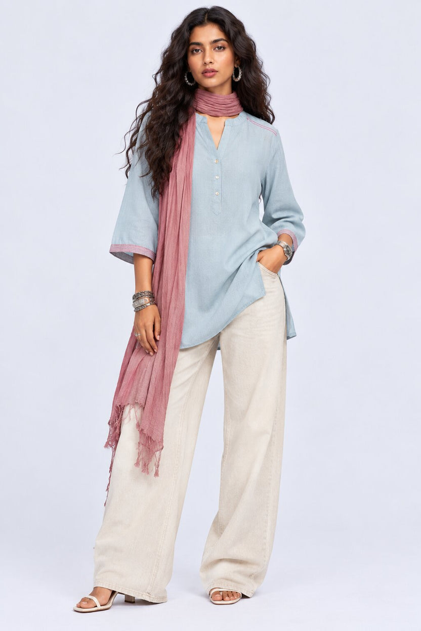 Womens Solid Light Blue Contrast Trim Tunic - Image 6