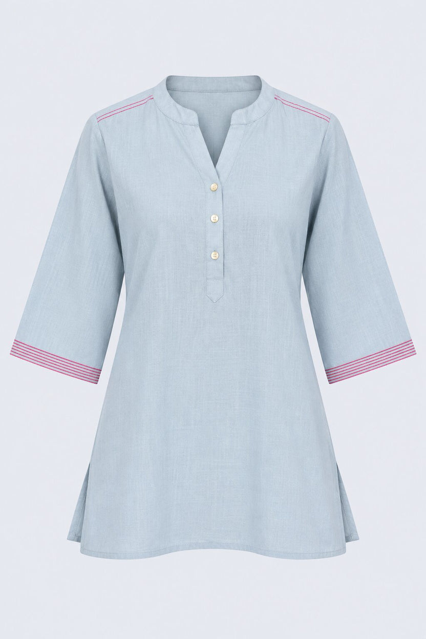 Womens Solid Light Blue Contrast Trim Tunic - Image 7