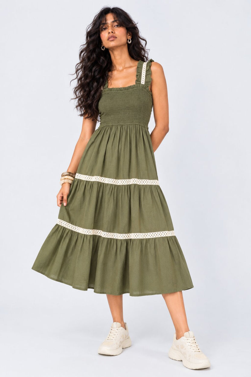 Womens Solid Olive Smocked Tiered Dress - Image 1
