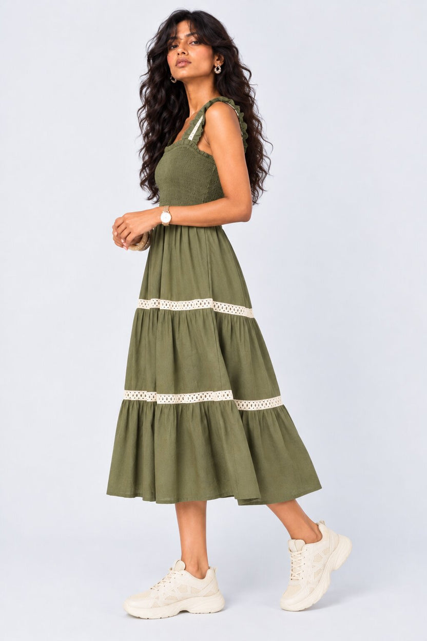 Womens Solid Olive Smocked Tiered Dress - Image 2