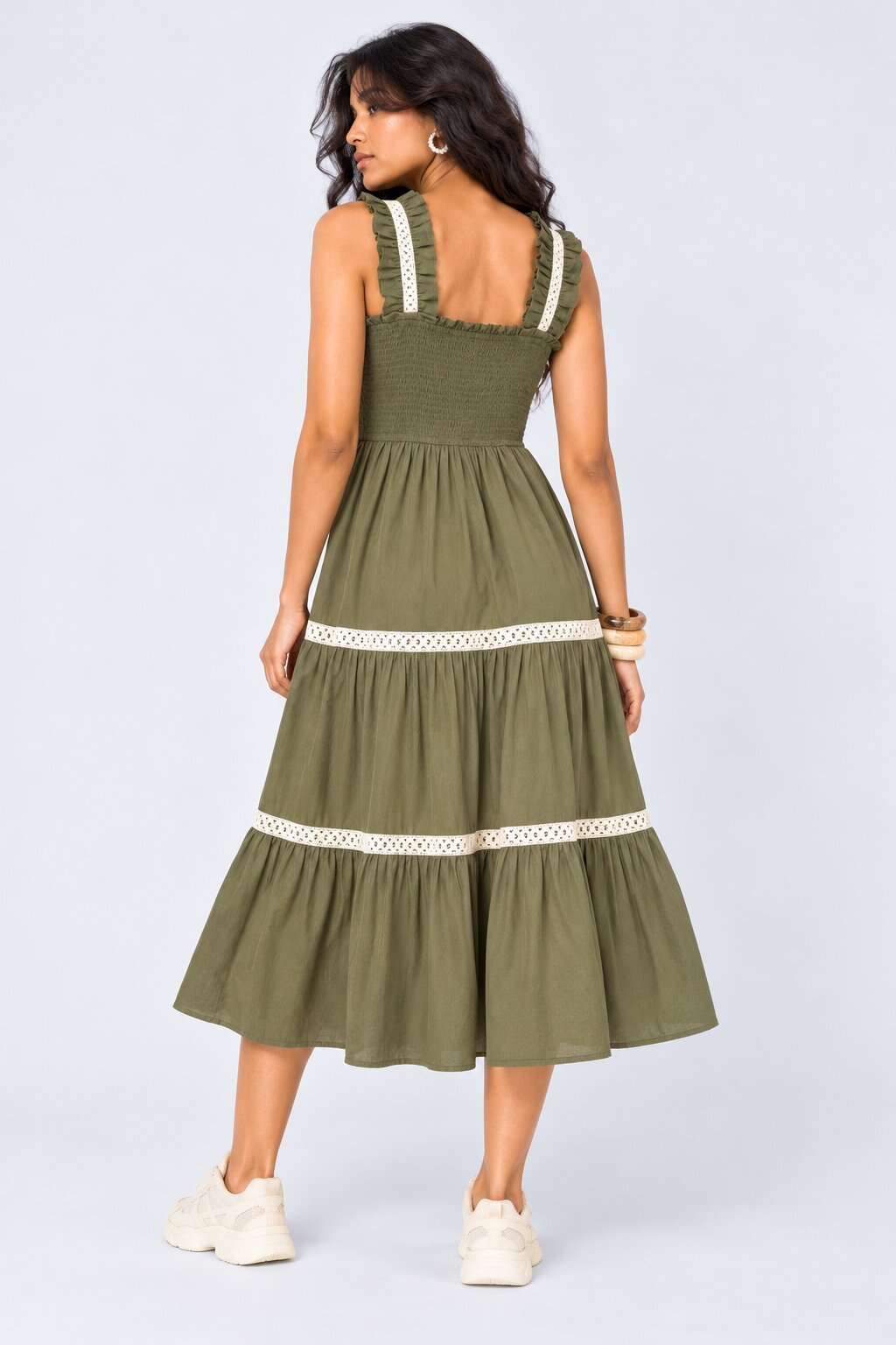 Womens Solid Olive Smocked Tiered Dress - Image 4