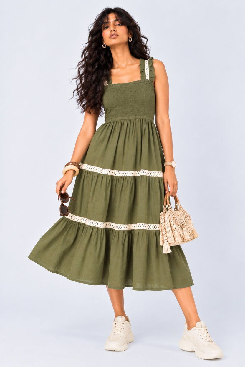 Womens Solid Olive Smocked Tiered Dress - Image 5