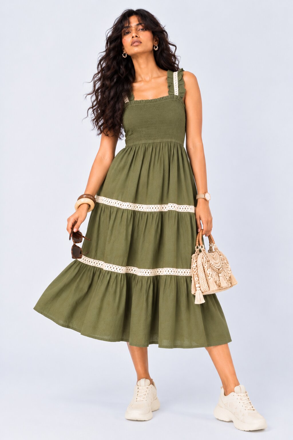 Womens Solid Olive Smocked Tiered Dress - Image 5