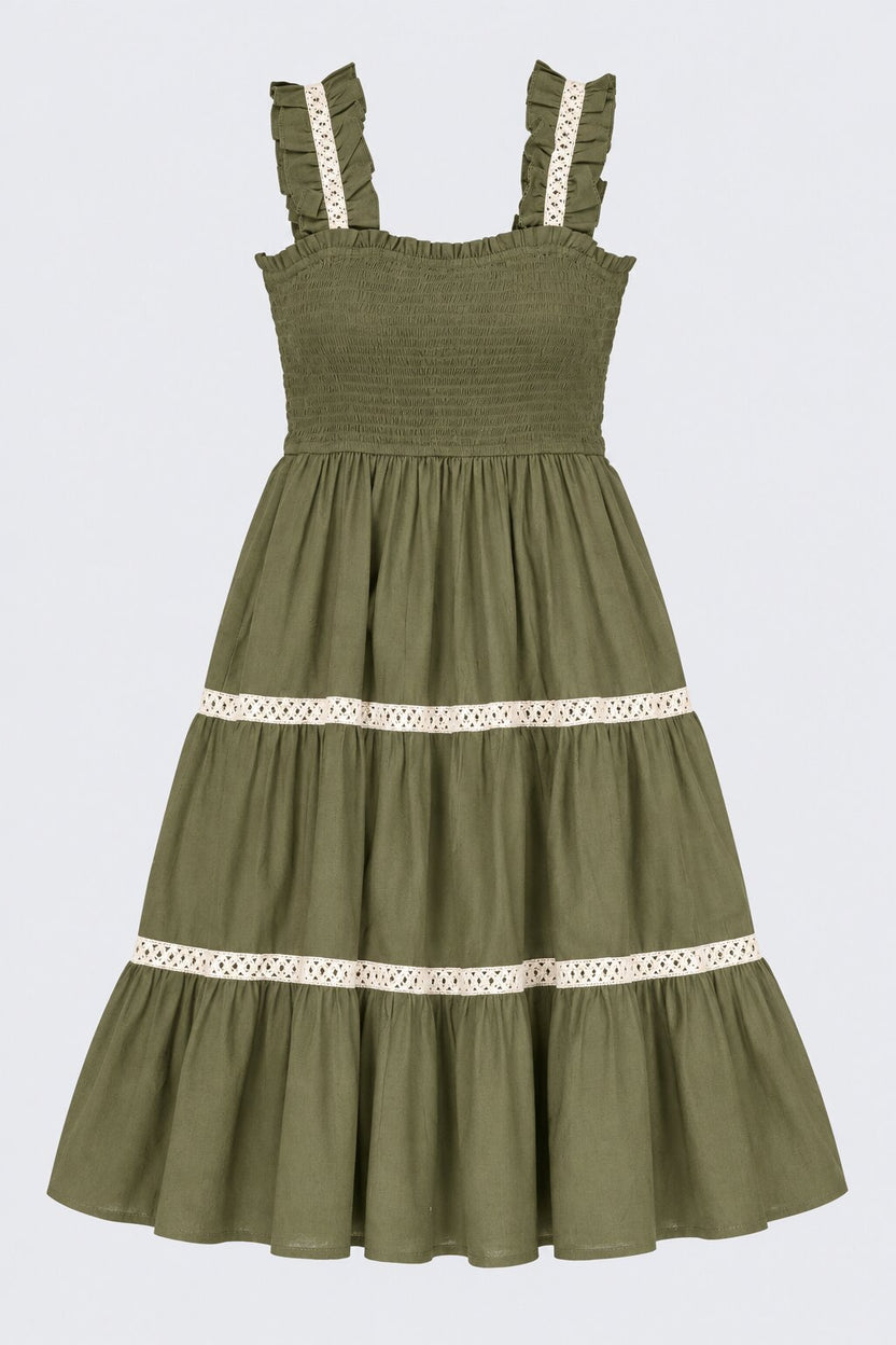 Womens Solid Olive Smocked Tiered Dress - Image 6