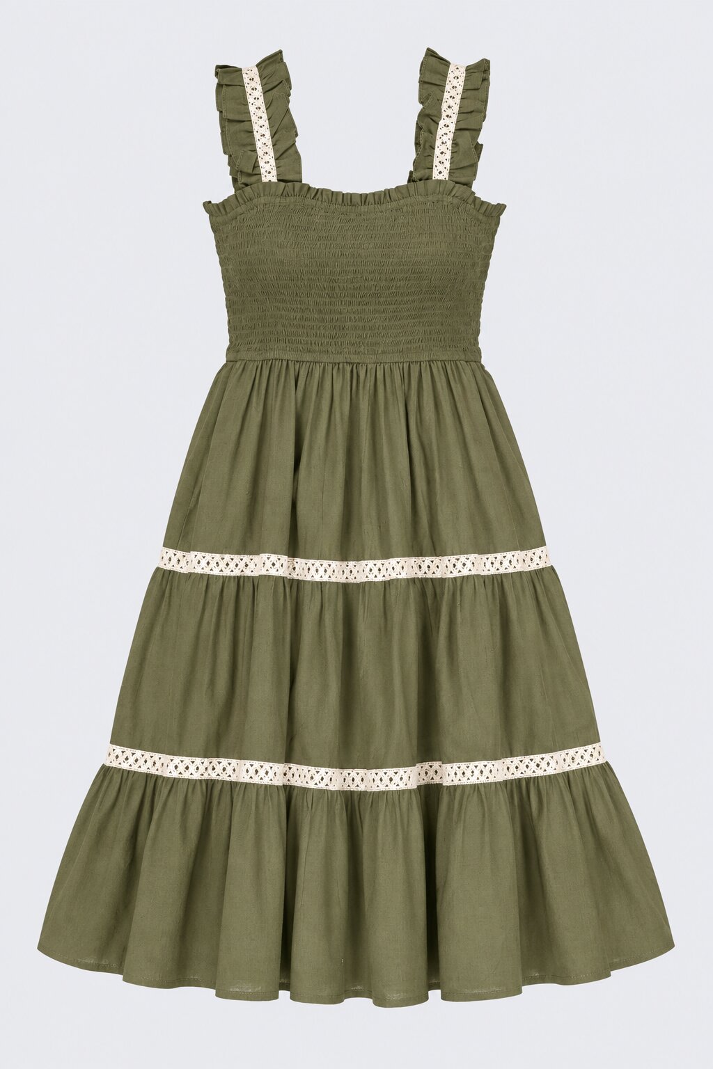 Womens Solid Olive Smocked Tiered Dress - Image 6