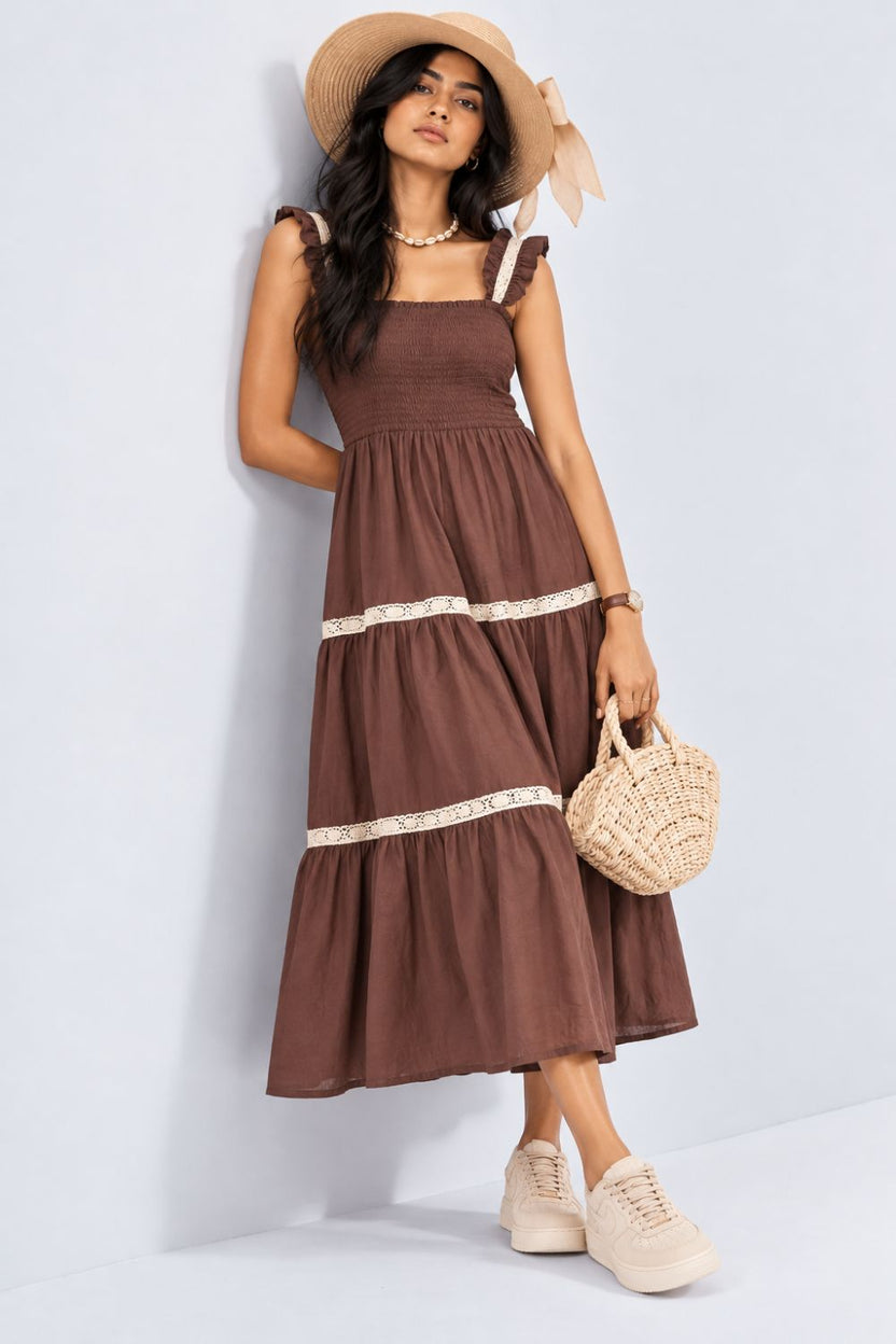 Womens Solid Brown Smocked Tiered Dress - Image 1