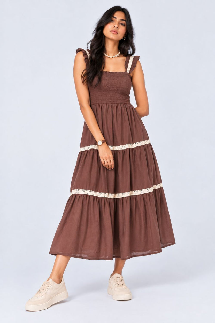 Womens Solid Brown Smocked Tiered Dress - Image 2