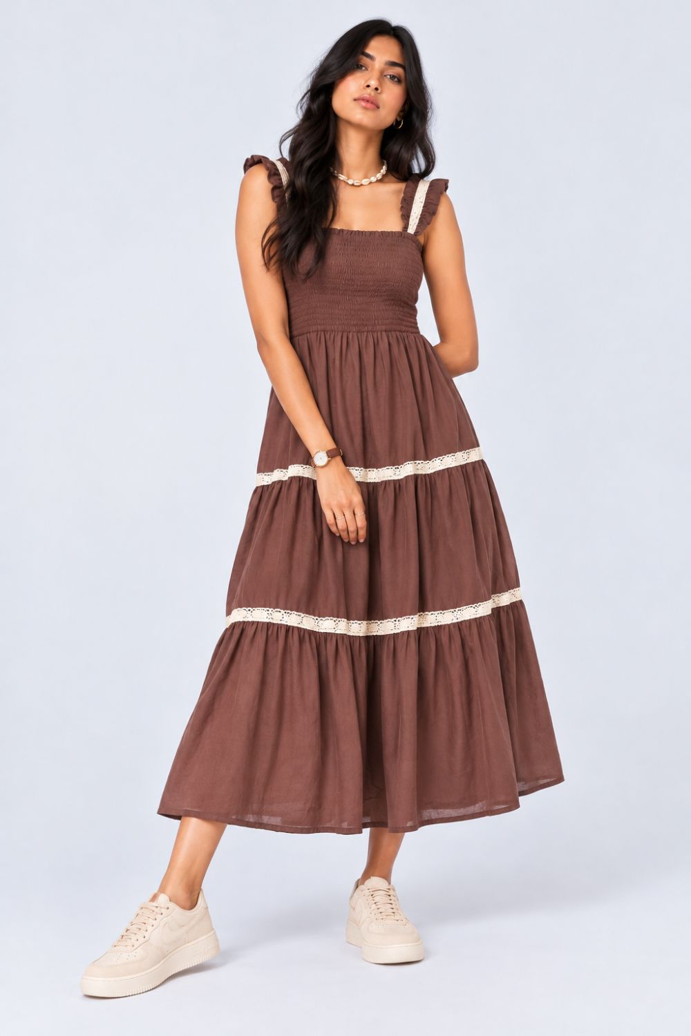 Womens Solid Brown Smocked Tiered Dress - Image 2