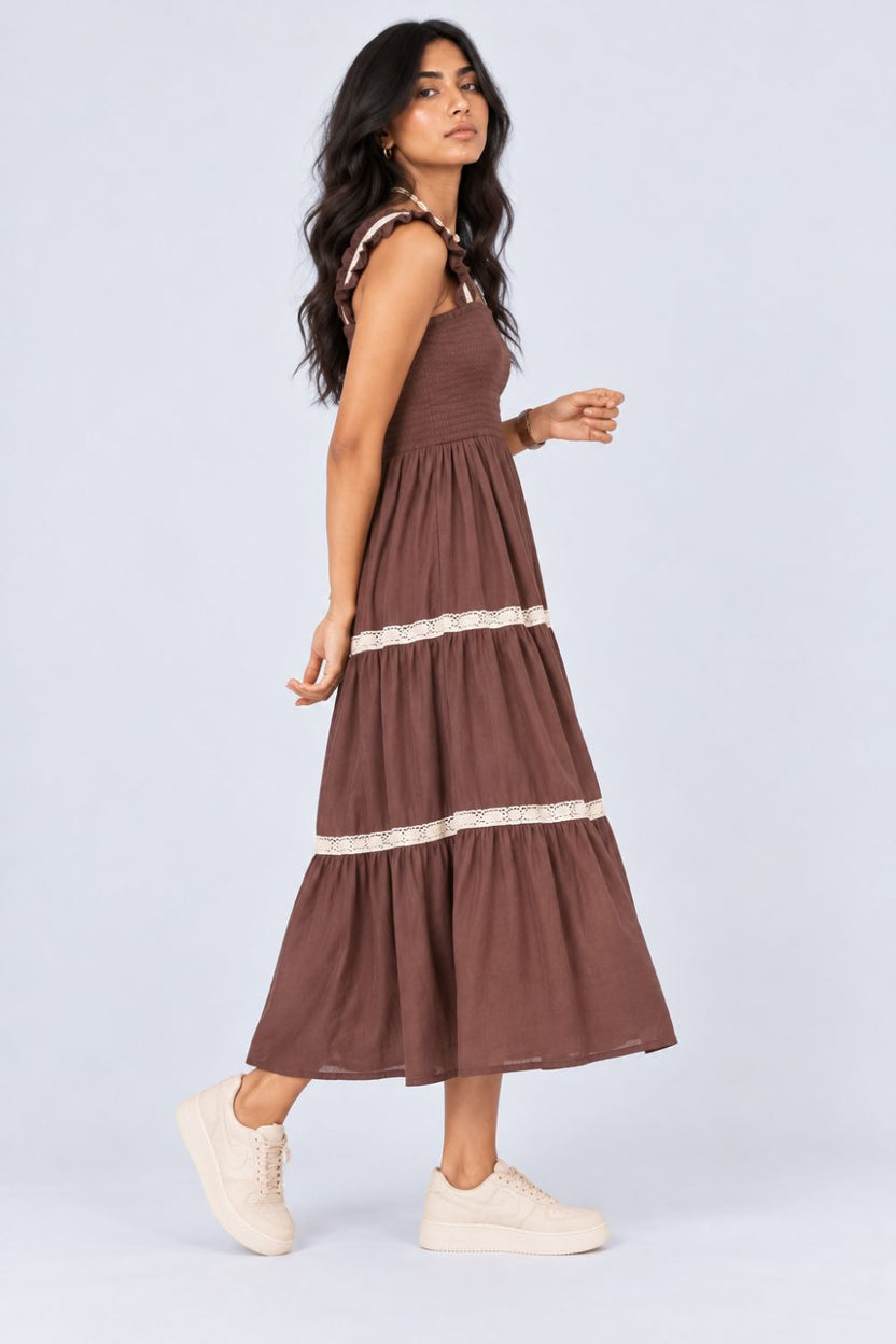 Womens Solid Brown Smocked Tiered Dress - Image 4
