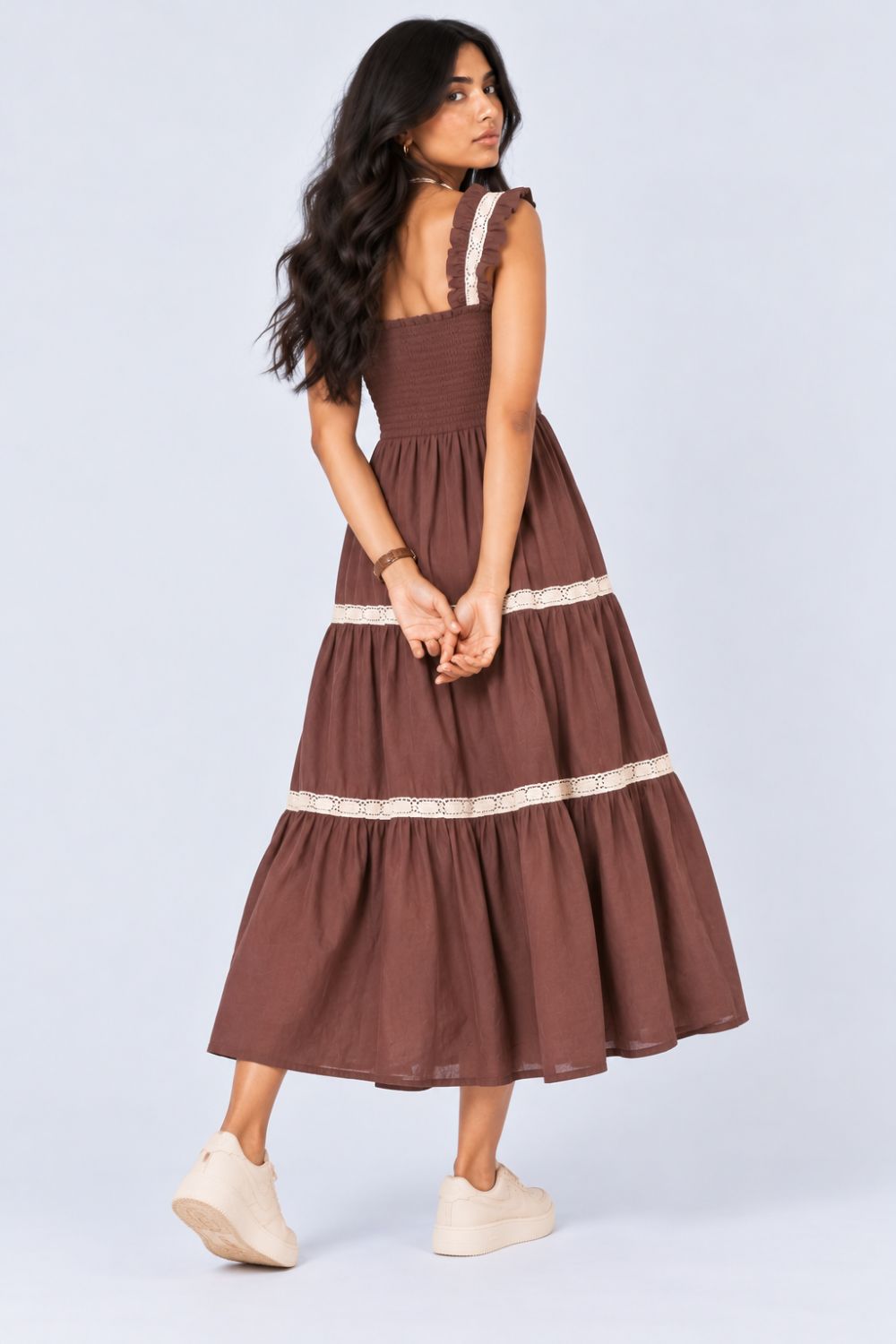 Womens Solid Brown Smocked Tiered Dress - Image 5