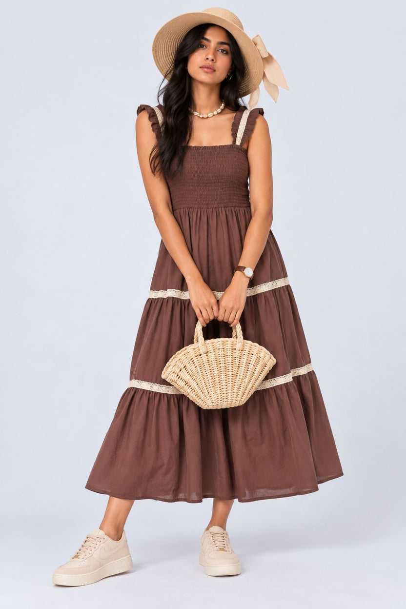 Womens Solid Brown Smocked Tiered Dress - Image 6