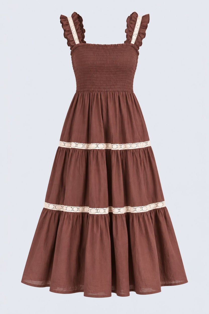 Womens Solid Brown Smocked Tiered Dress - Image 7