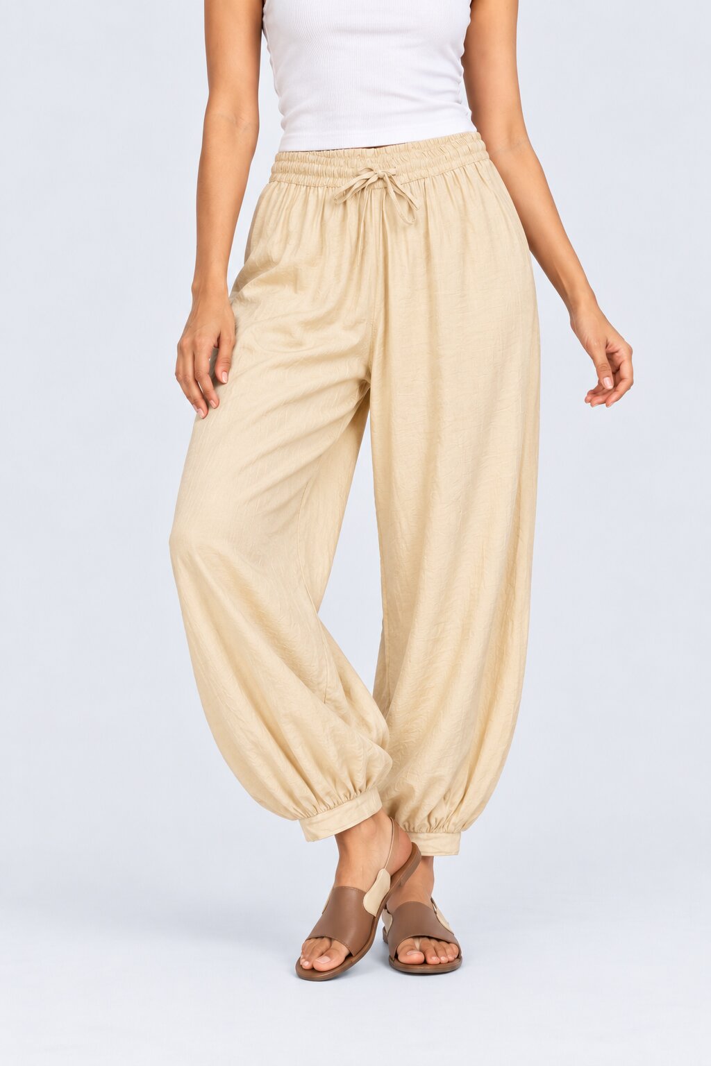 Womens Solid Cream Balloon Fit Jogger Pant - Image 1