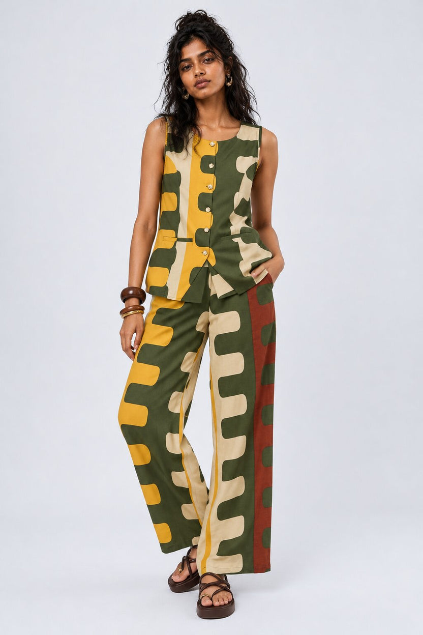 Womens Green Abstract Geometric Print Co-ord Set - Image 1
