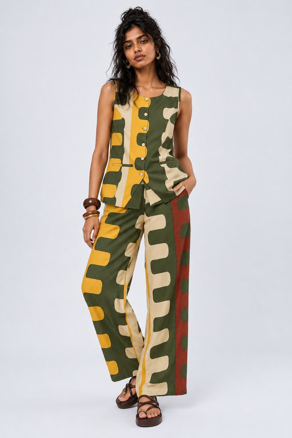 Womens Green Abstract Geometric Print Co-ord Set - Image 1