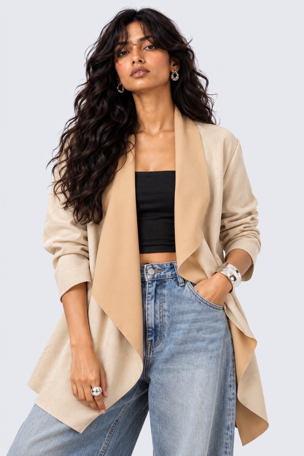 Womens Solid Cream Suede Front Shrug - Image 1