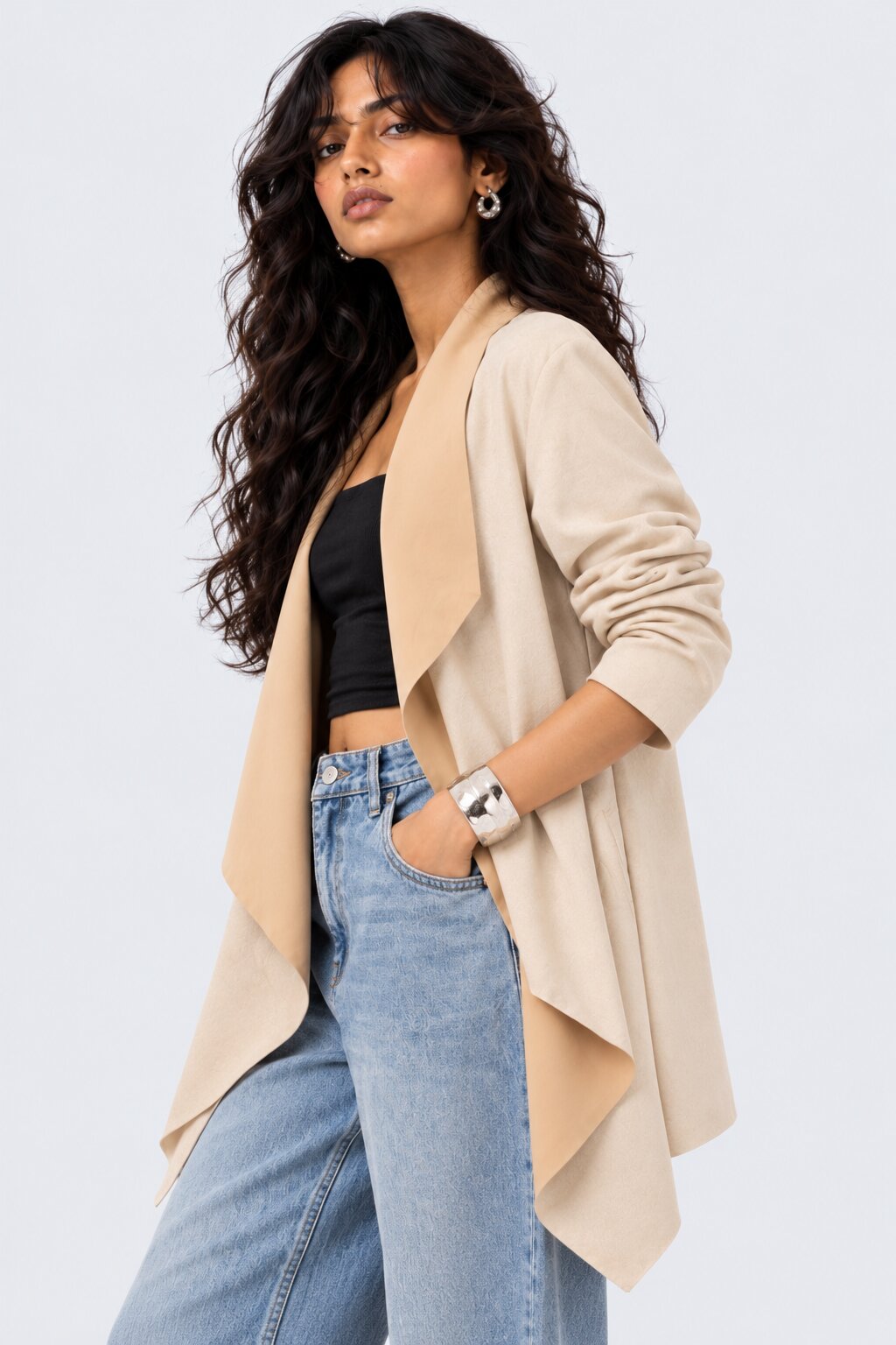 Womens Solid Cream Suede Front Shrug - Image 2