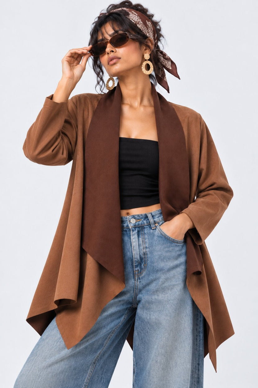 Womens Solid Brown Suede Front Shrug - Image 1
