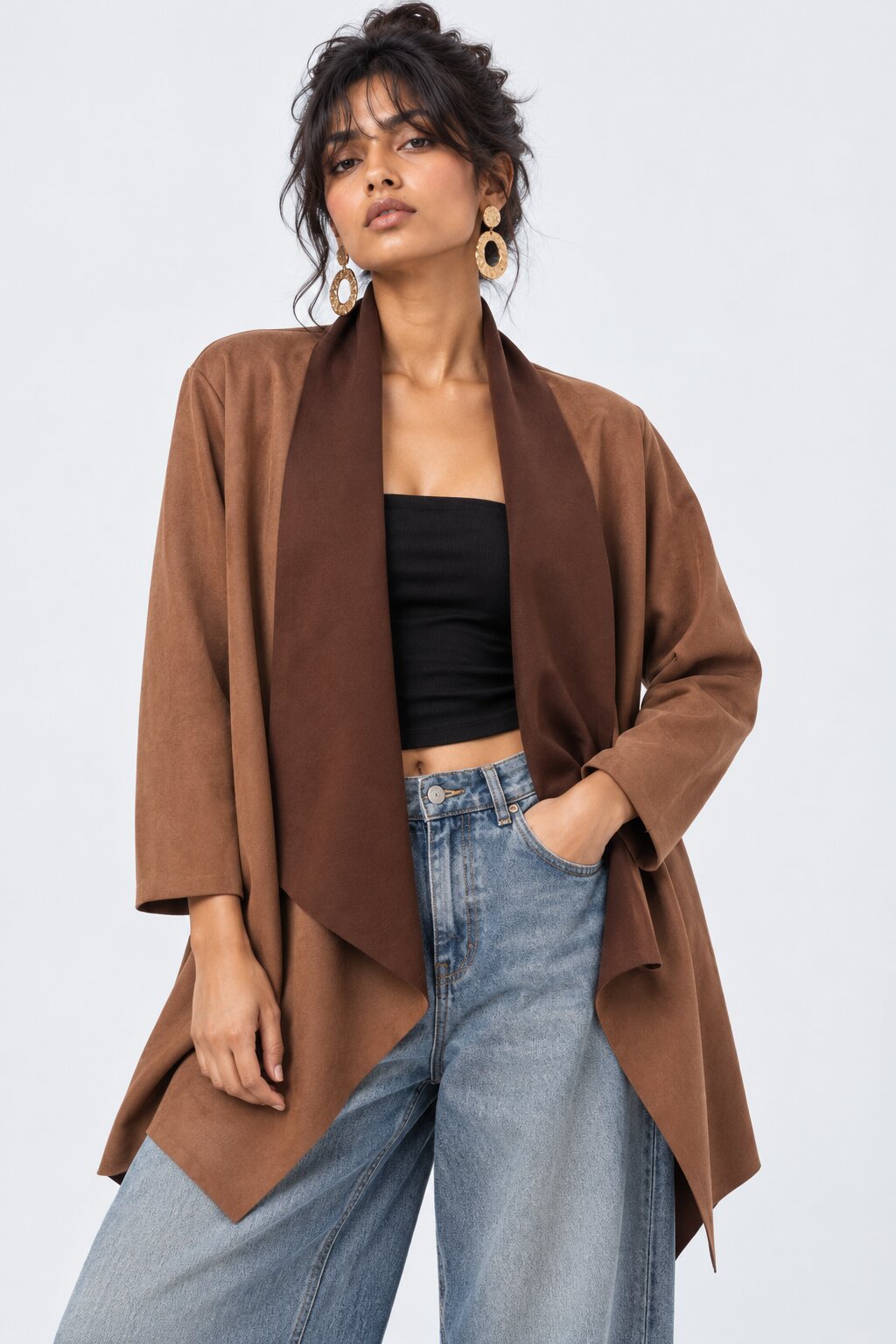 Womens Solid Brown Suede Front Shrug - Image 2