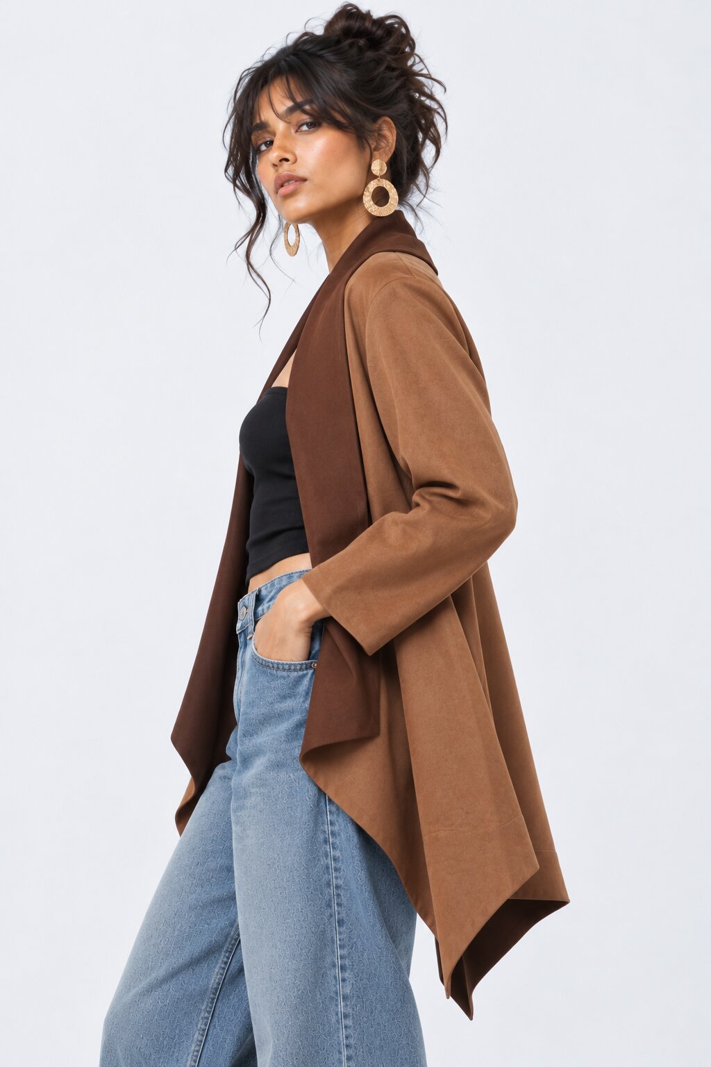 Womens Solid Brown Suede Front Shrug - Image 4