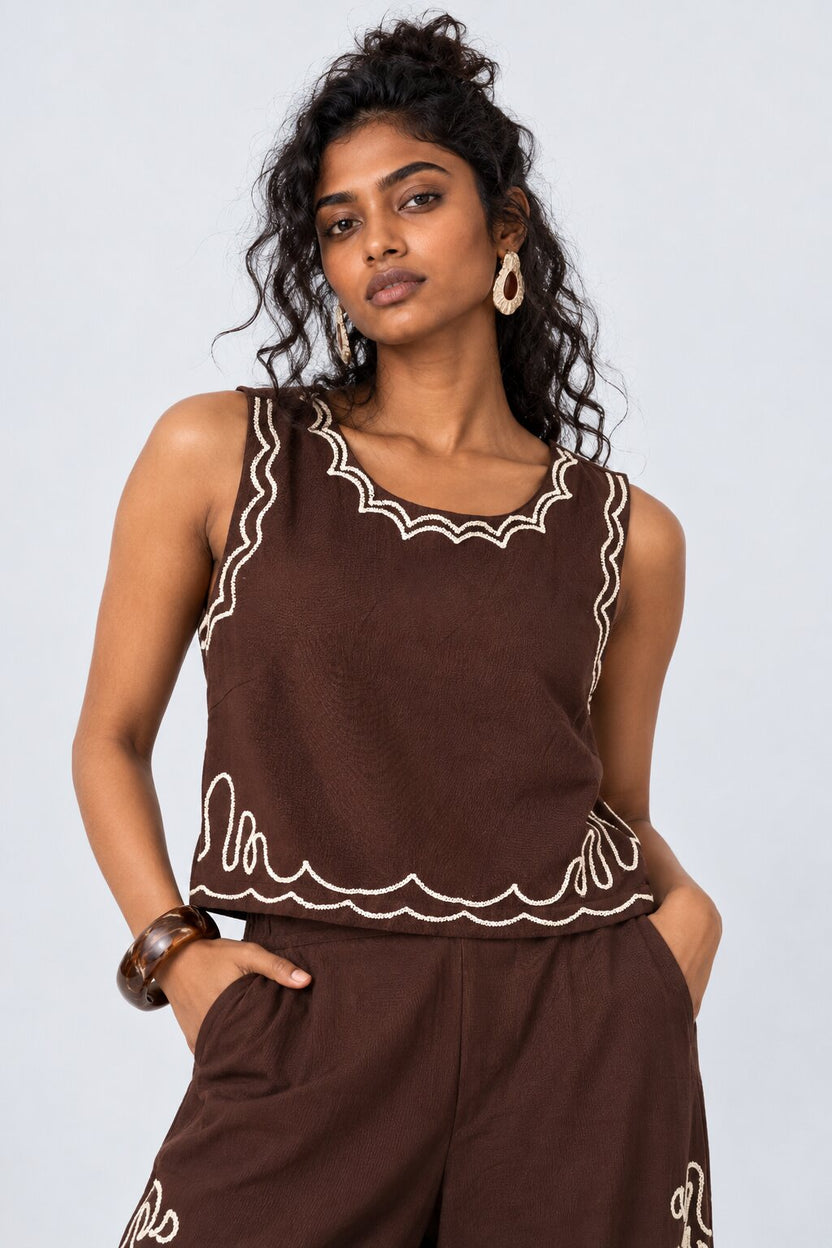 Womens Floral Brown Embroidered Sleeveless Top - Image 1