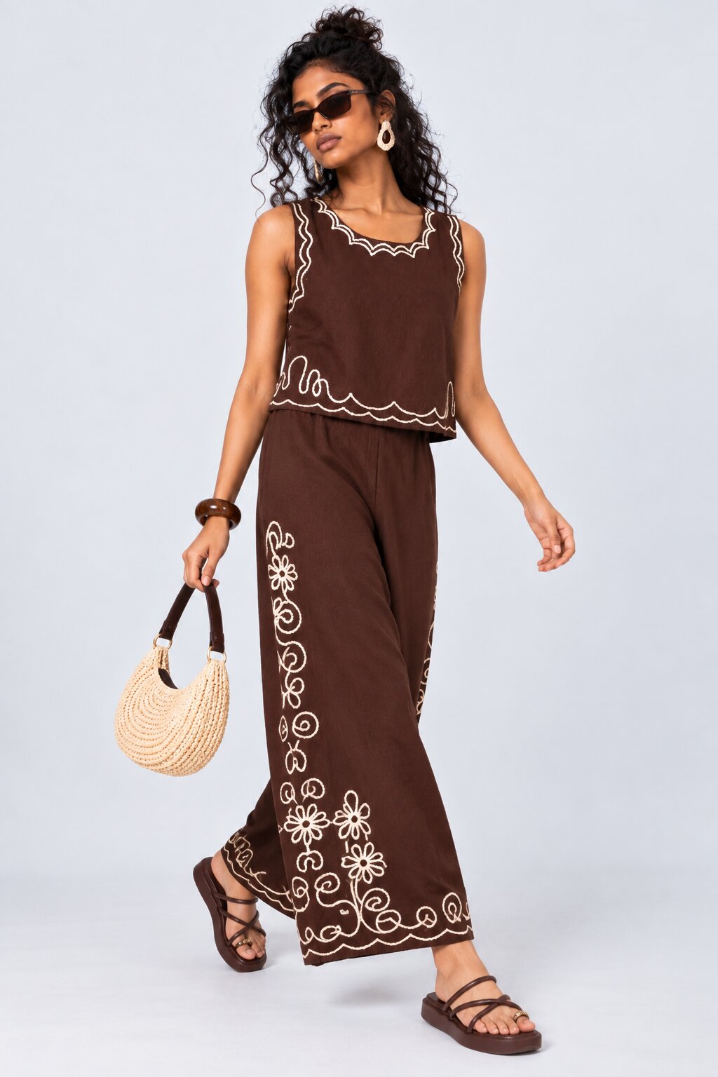 Womens Floral Brown Embroidered Sleeveless Top - Image 5