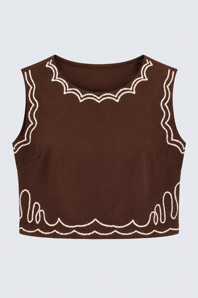 Womens Floral Brown Embroidered Sleeveless Top - Image 6