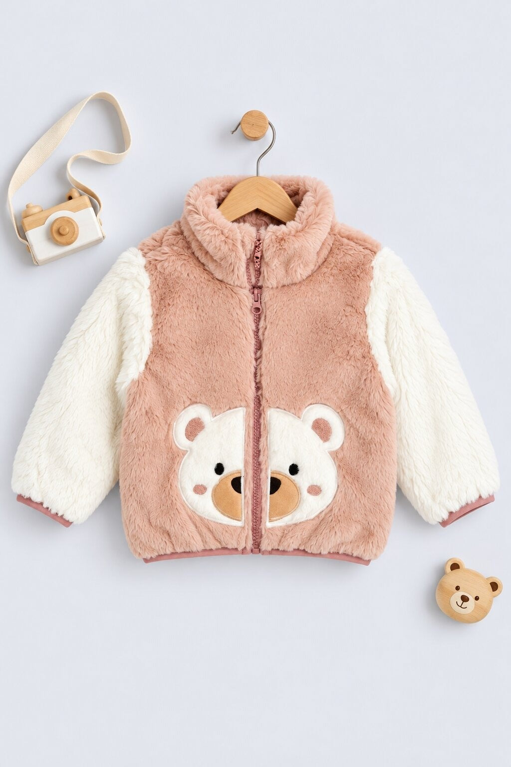 Infant Girls Brown Bear Applique Faux Fur Jacket - Image 1