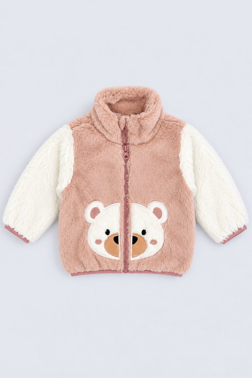 Infant Girls Brown Bear Applique Faux Fur Jacket - Image 3