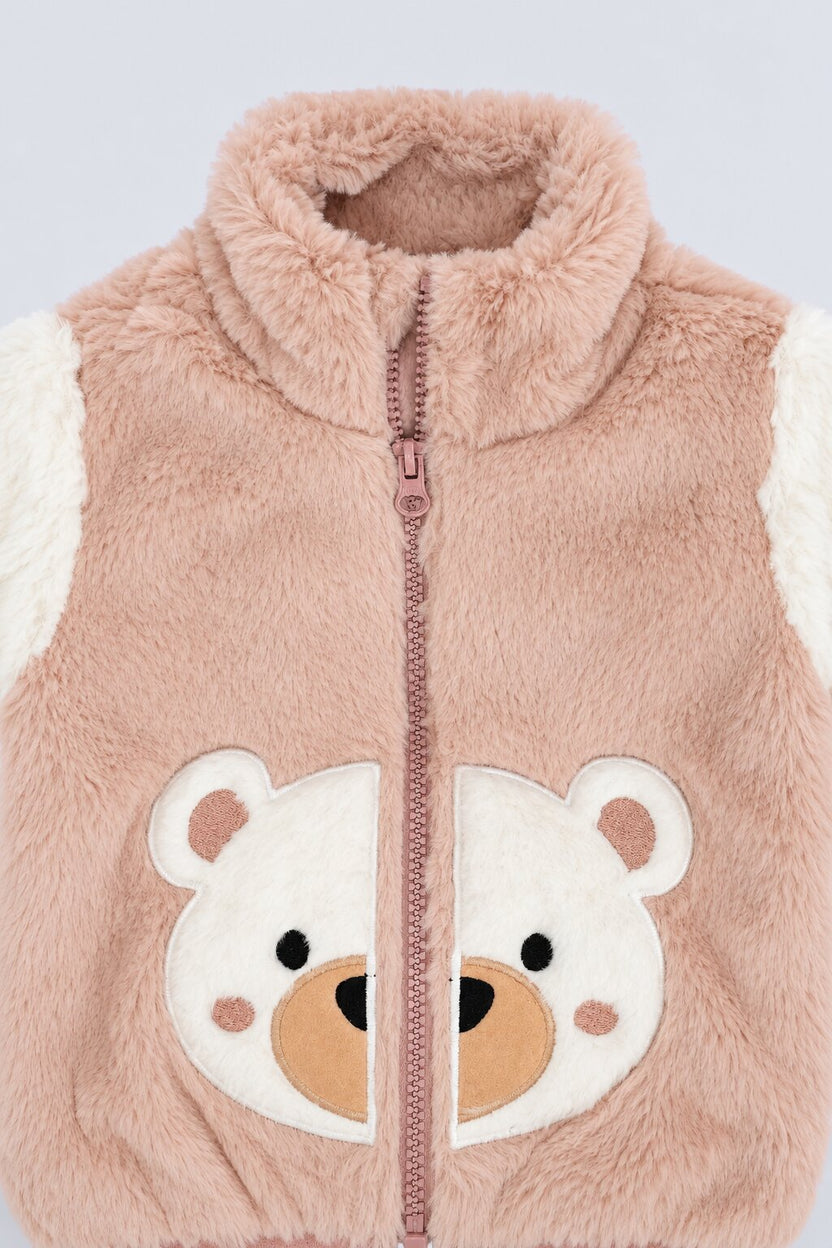 Infant Girls Brown Bear Applique Faux Fur Jacket - Image 6
