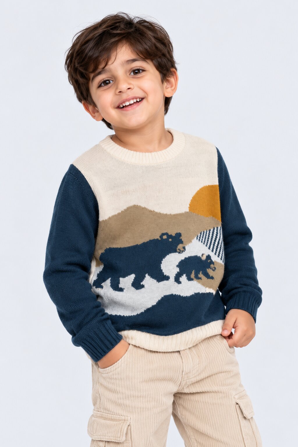 Boys Navy Bear Landscape Intarsia Sweater - Image 1