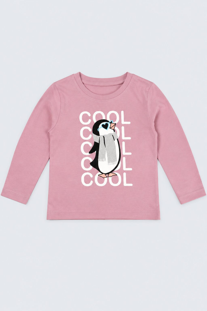 Girls Pink Penguin Graphic Print T-Shirt - Image 2