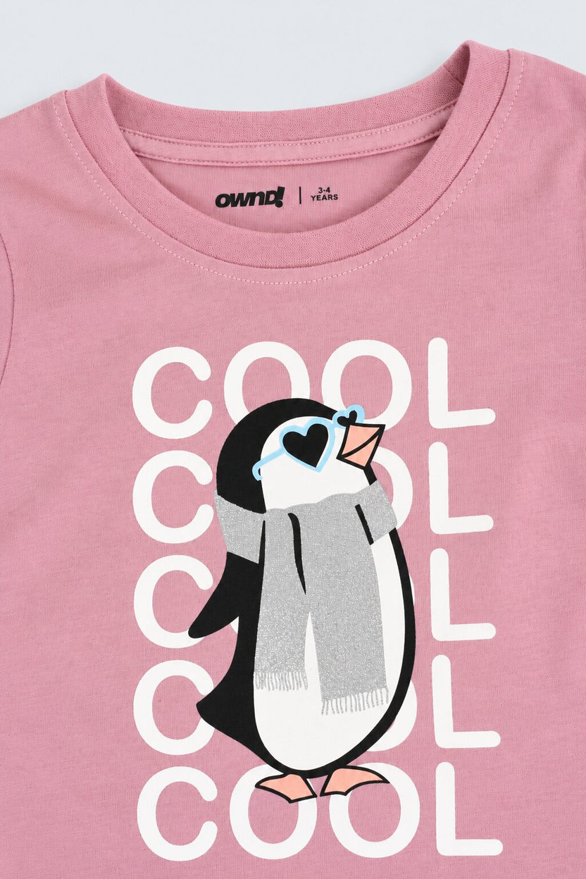 Girls Pink Penguin Graphic Print T-Shirt - Image 5