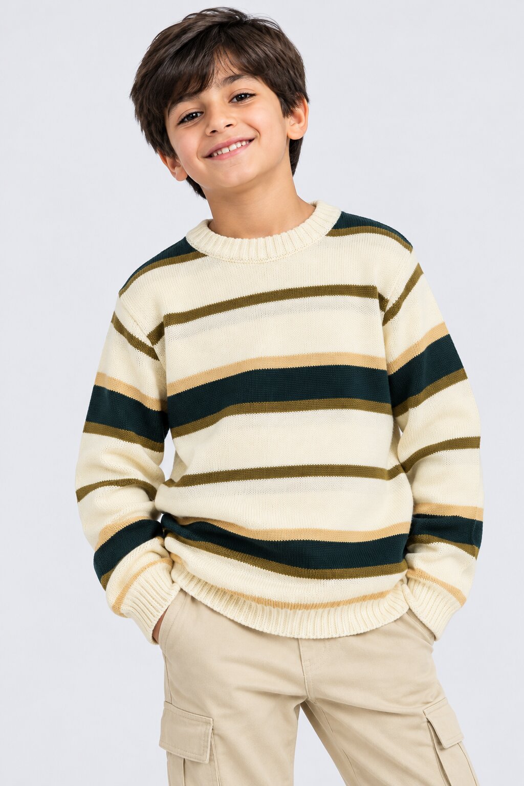 Tweens Boys Cream and Green Striped Sweater - Image 1