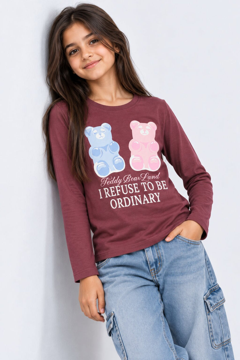 Tweens Girls Red Teddy Bear Graphic Print T-Shirt - Image 1