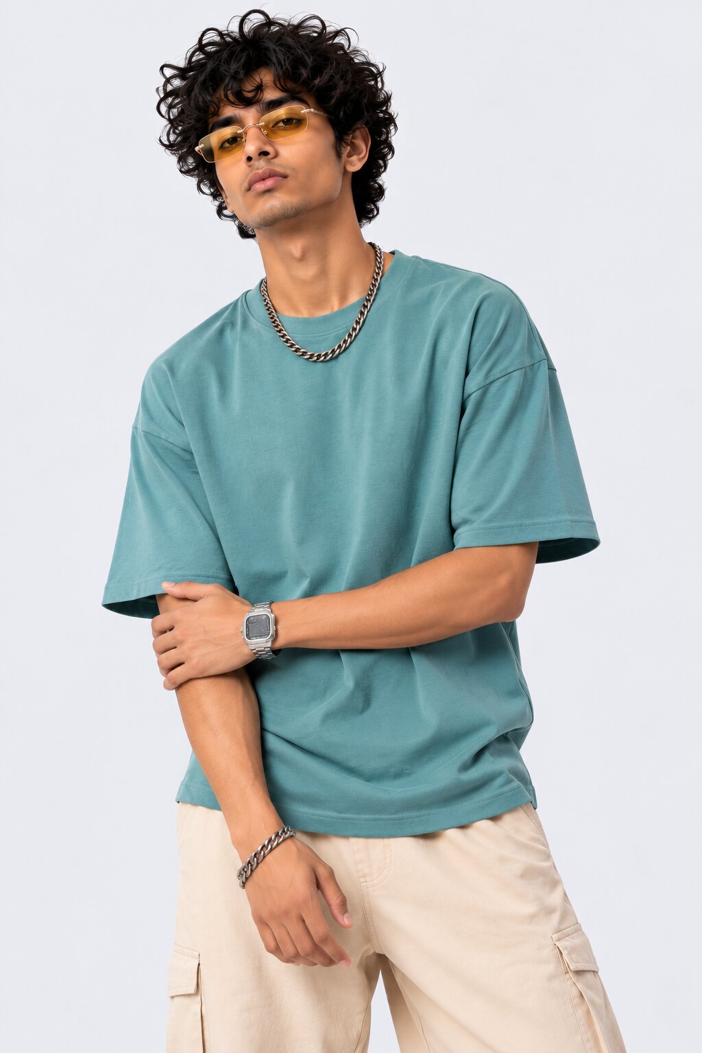 Mens Teal Solid Regular Fit T-Shirt - Image 1