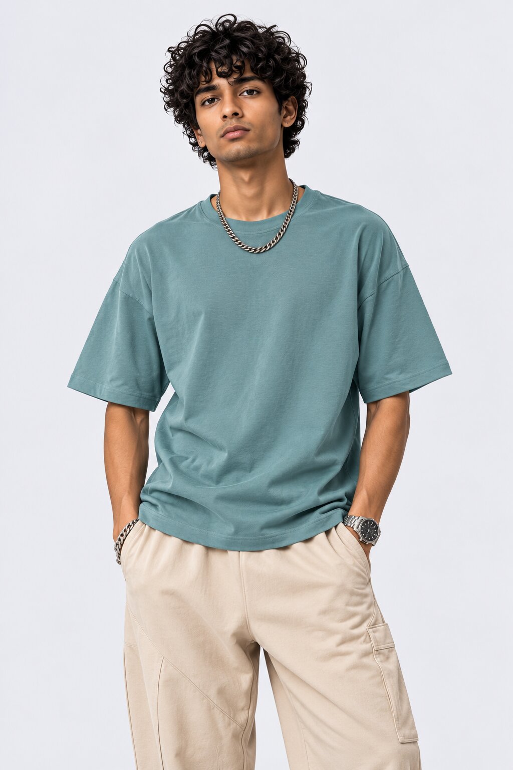 Mens Teal Solid Regular Fit T-Shirt - Image 2