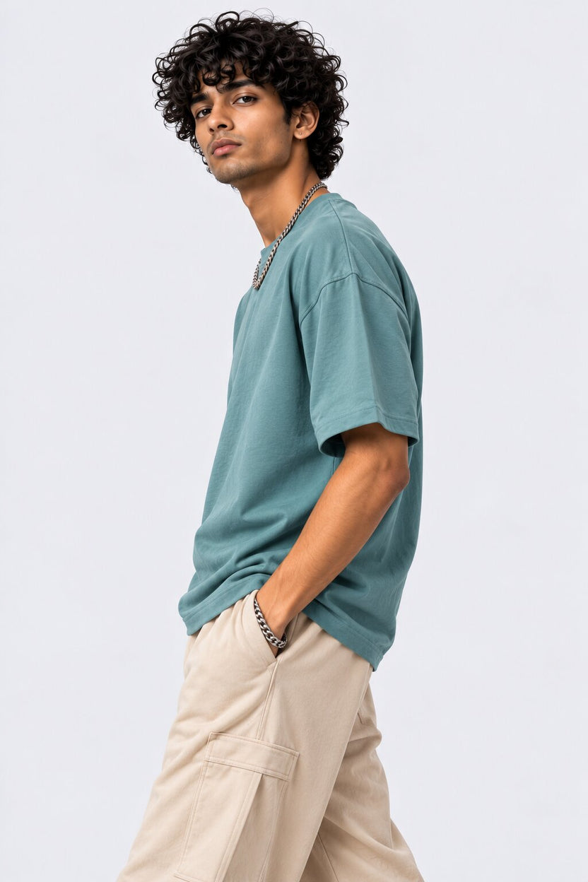Mens Teal Solid Regular Fit T-Shirt - Image 4