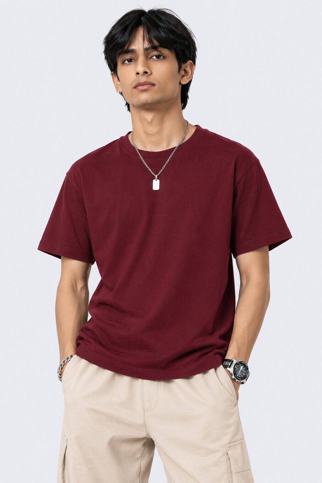 Mens Wine Solid Regular Fit T-Shirt - Image 2