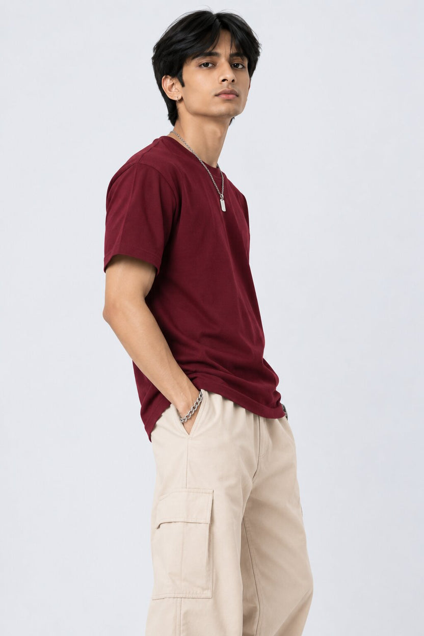 Mens Wine Solid Regular Fit T-Shirt - Image 4