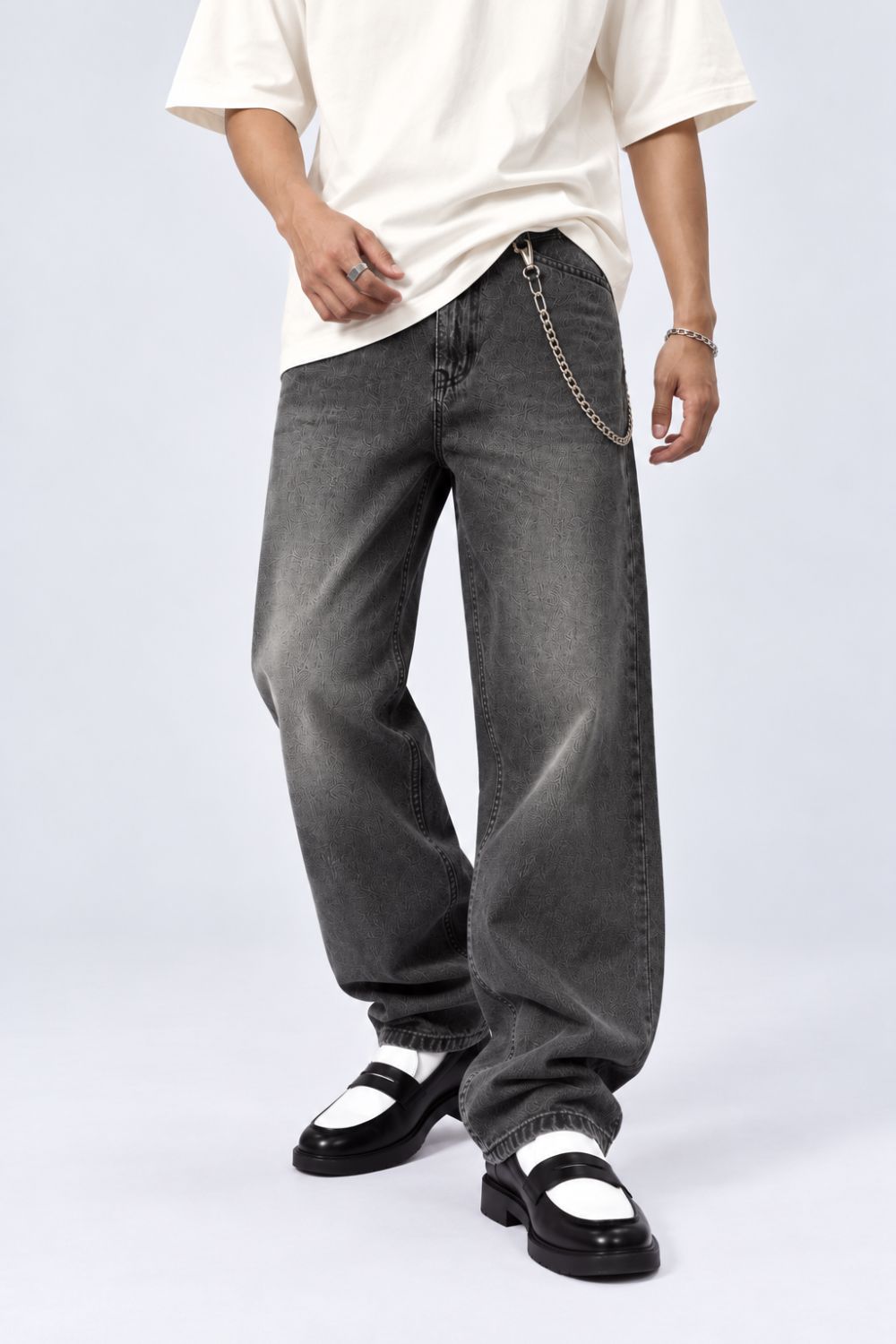Charcoal Solid Baggy Fit Jeans - Image 2