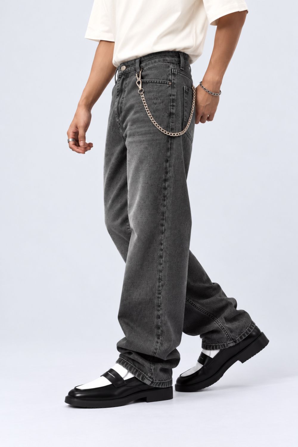 Charcoal Solid Baggy Fit Jeans - Image 4
