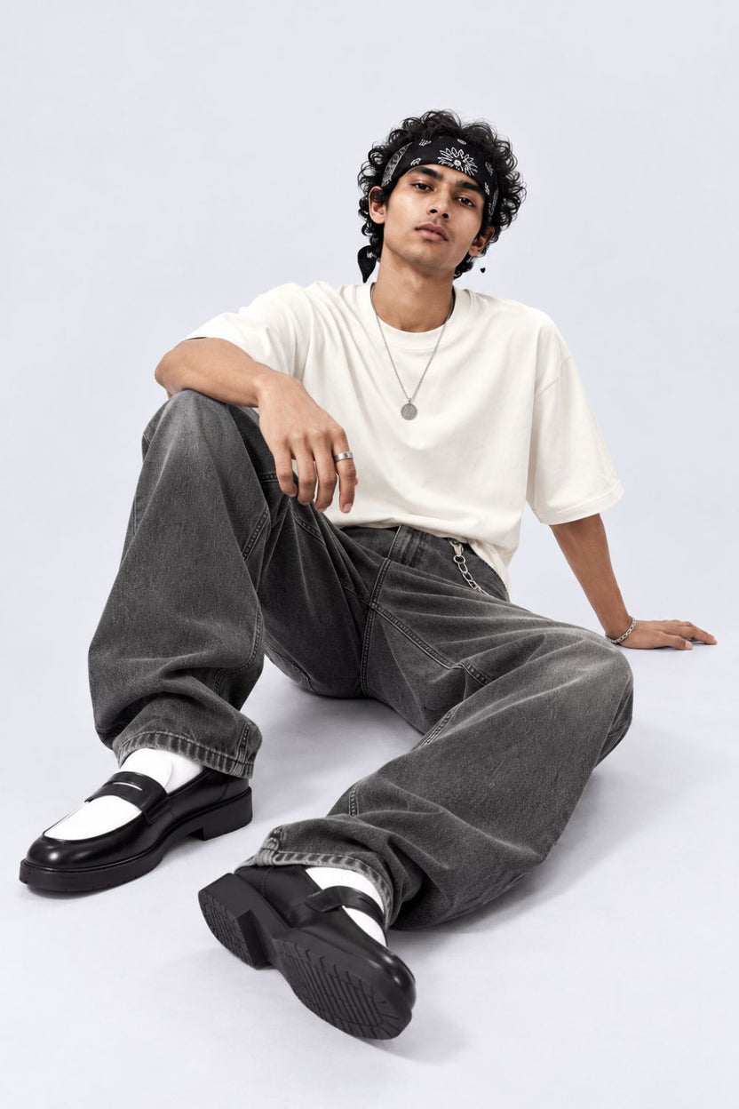 Charcoal Solid Baggy Fit Jeans - Image 6